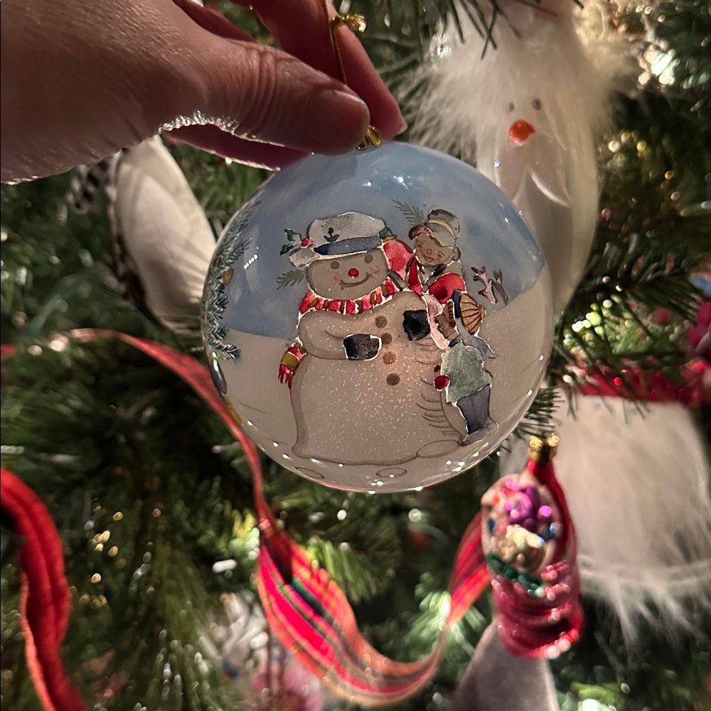 Li Bien Eglomise Ornament 1999 Children Snowman Sled Inside Hand Painted - Picture 2 of 16